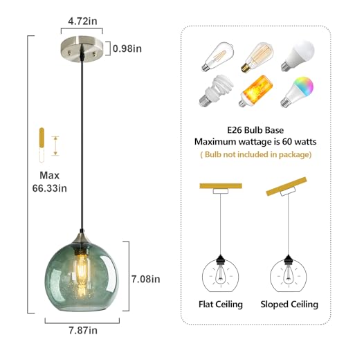 Image of Gray Green Glass Pendant Lights Kitchen Island Lighting Globe Pendant Light Fixtures Modern Pendant Lighting for Kitchen Island Bedroom Living Dining Room Light Fixture(7.87in, 3-Pack)