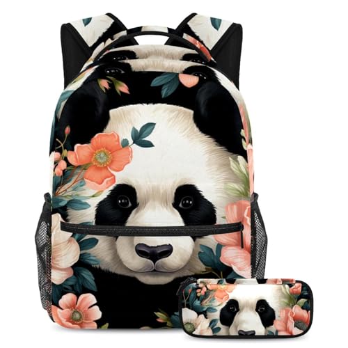 Sac à dos Panda floral grand format au motif artistique coloré avec trousse