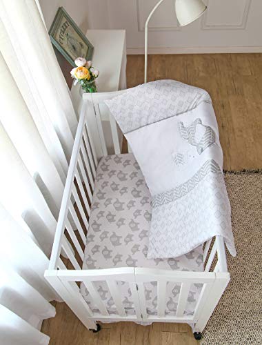 La Premura Baby Elephants Nursery Mini/Portable Crib Bedding Sets – Elephants & Puppy 3 Piece Grey Crib Set - Unisex Nursey Bedding And Neutral Decor #TOP6