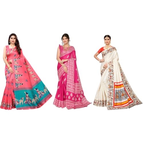 Image of Yashika Women's Sarees Women's Combo Art Silk Printed Saree With Unstitched Blouse Piece |saree for Women | saree combo | New Sari | Saree Pack Of 3