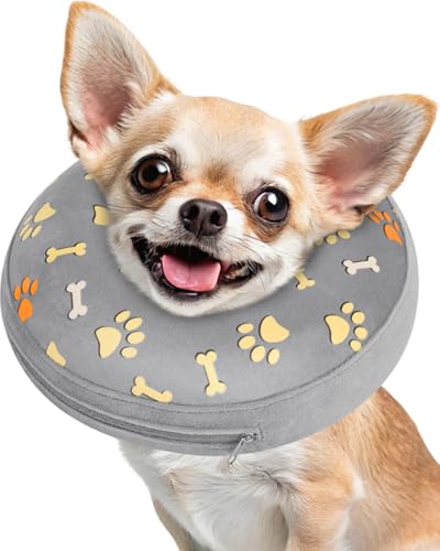 Image of Inflatable Dog Pillow Cone Collar After Surgery, Donut Soft Neck Cone for Chihuahua Pomeranian Small Dogs, etc, Recovery E Collar to Stop Licking Grey