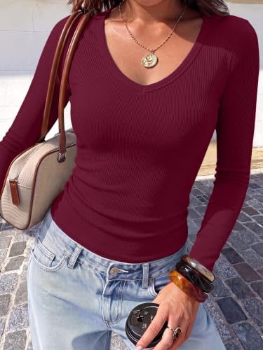 Image of ANRABESS Long Sleeve Shirts for Women Fall V Neck Slim Fit Tops Basic Tee
