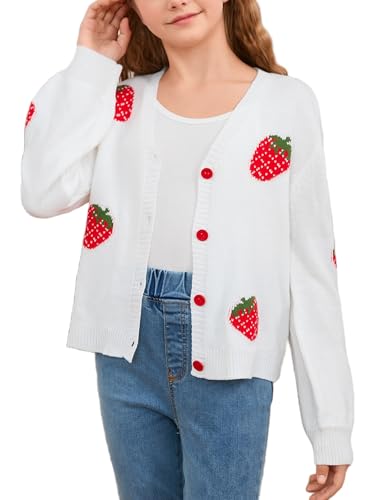 MakeMeChic Girl's Strawberry Print V Neck Button Down Cardigan Sweater Long Sleeve Cute Tops