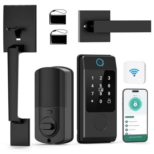 Miuedo WiFi Front Door Lock Sets with Handle, Fingerprint Keyless Entry and Smart Keypad with Lever Handles, Electronic Screen+WiFi Gateway, APP Control, Auto-Lock, Voice Control