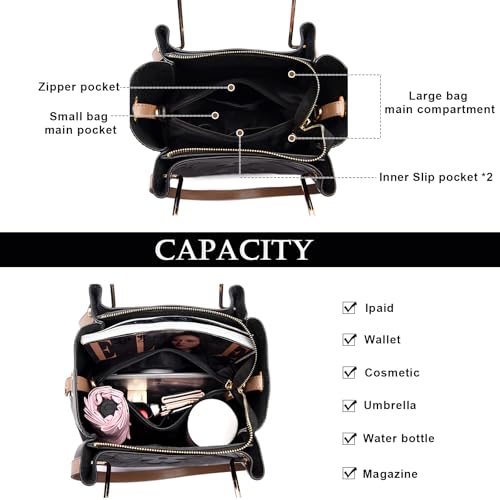 Eslcorri Women Large Tote Bag with Pouch Set of 2, Retro Shoulder Top-handle Carry Handbag Crossbody PU Leather Bucket Purse4