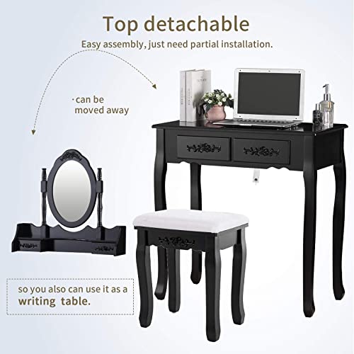 Mecor Vanity Table,Makeup Dressing Table With Oval Mirror,Bedroom Vanity Set W/Cushioned Stool 4 Drawers Women Girls Kids Black #TOP3