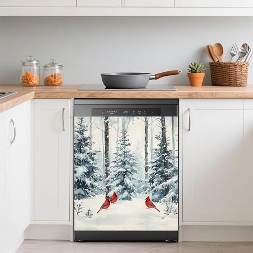Image of Dishwasher Magnets Decorative Cover,Winter Pine Forest Refrigerator Magnet Cover,Washable Red Cardinal Dishwasher Front Panel Cover Home Kitchen Decoration 23x26 Inch