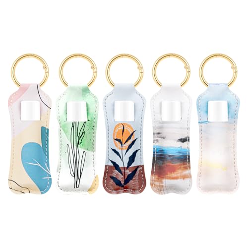 WK IEASON Lip Balm Holder Keychain Clip On PU Leather Lipstick Sleeve Pouch Lip Gloss Holder Lip Balm Sleeve Holder Keychain 5PCS（Floral Set A）