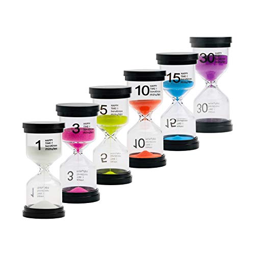 Sand Timer, KhotiiCean Hourglass Sand Timer 1/3/5/10/15/30 Minutes Sand Glass Timer for Kids Classroom Kitchen Home Office Decoration(Multicolor)(Pack of 6)