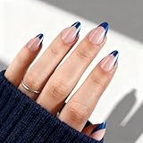 Royal Navy Blue Press On Nails Short - GJZEZ Soft Gel Metallic French Tips Stick On Fake Nails, Chrome Mirror Almond Glue On False Nail | 16 Sizes - 32pcs Reusable Nail with Glue, Deep Ocean