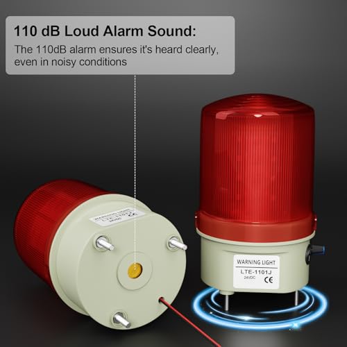 Image of Industrial LED Rotating Strobe Warning Light, 24 VDC Sound & Light Alarm with Knob and Switch, 105-110 dB Volume Adjustable, Red Emergency Alarm Light for Indoor /Outdoor Use