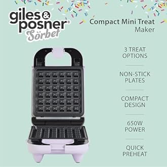 Giles & Posner Mini Treat Maker - 3 In 1, Makes 16 Cake Pops, 1 Waffle & 4 Doughnuts, Removable Non-Stick Plates, Easy Clean, 650W, Compact Design, Quick 3 Minute Preheat, Non-Slip Feet, Purple