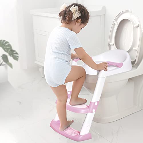 Potty Training Seat With Step Stool Ladder, Gentle Monster Toddler Potty Training Toilet For Kids Boys Girls Baby, Foldable & Comfortable Training Potty Chair Toilet For Child With Anti-Slip Pad(Pink） #TOP1