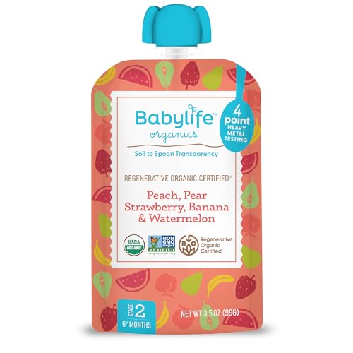 Babylife Organics Stage 2 - Peach, Pear, Strawberry, Banana & Watermelon, 3.5 Ounce Pouch (1 Pack) - Heavy Metal Safe, Organic Baby Food