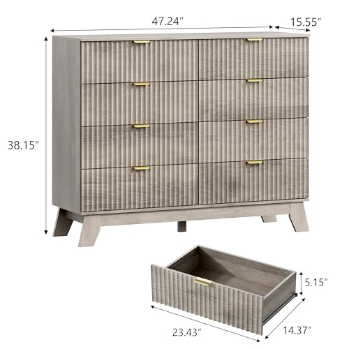 Image of Wodeer 8 Drawer Fluted Dresser for Bedroom, Mid Century Modern Wooden Dresser with 8 Drawers, Dressers & Chests of Drawers with Metal Handle, TV Stand & Storage Organizer for Entryway, Hallway, Grey