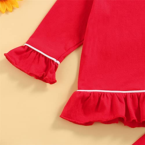 Toddler Kids Baby Girl Solid Pjs Ruffle Long Sleeve Button Shirt Top and Pants Cotton 2Piece Pajamas Set3