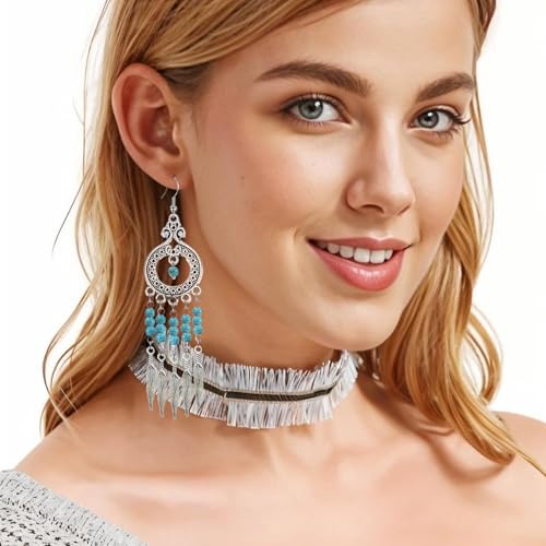 6 Pairs Bohemian Turquoise Dangle Earrings for Women Antique Silver Teardrop Tassel Long Earrings Boho Vintage Jewelry Set4
