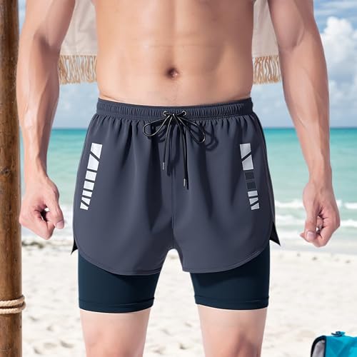 Men's 2-in-1 Double Layer Stretch Shorts with Pockets for Gym, Running & Swimming3