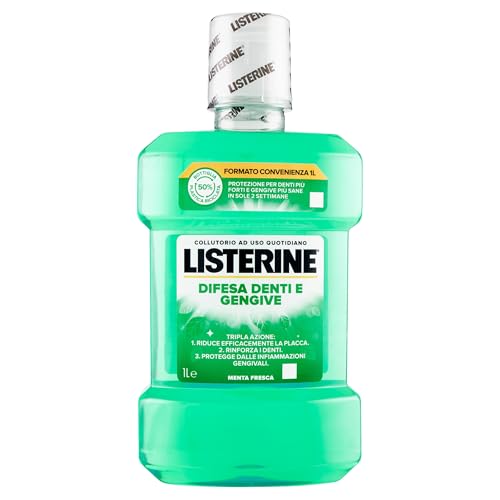 LISTERINE Enjuague bucal defensa dientes y encías, sabor a menta fresca, enjuague bucal encías inflamadas para dientes fuertes, con fluoruro, higiene bucal para encías sanas, 1 litro