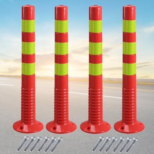 Flexible Plastic Safety Bollards for Parking Lots - Reflective Driveway Security Posts with Mounting Bolts