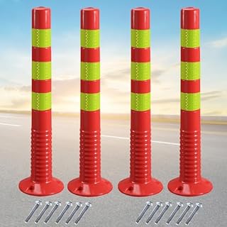 4 Pack Reflective Plastic Safety Bollards - Flexible Parking Lot Posts with Mounting Bolts, 29.5in Red & White Traffic Barrier for Driveway Protection