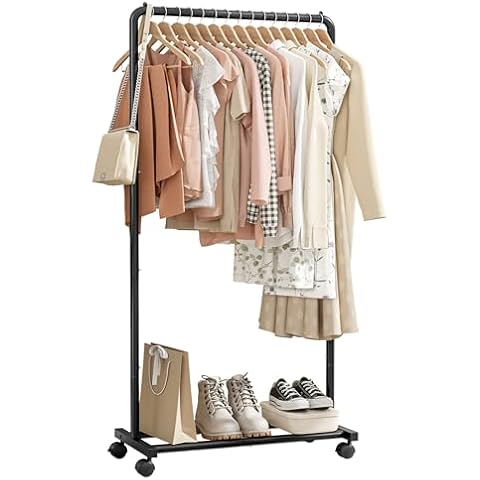 Sakugi Clothes Rack - Clothing Rack with Wheels, Multi-Functional Clothing Racks for Hanging Clothes and Shoes, Large Capacity Garment Rack for Bedroom, Living Room and Office, Black, Medium Cover