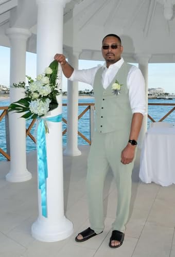 Mens Linen Suit 2 Piece Casual Beach Wedding Slim Fit Groomsmen Tuxedos Prom Party Dress Vest and Pants Set3
