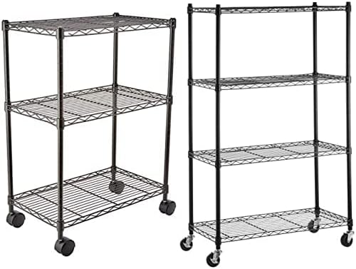 Amazon Basics 4-Shelf Shelving Unit on 3'' Casters, Black & 3-Shelf Shelving Unit on Wheels  Black
