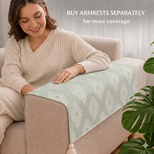Image of STITCHNEST 'Verdant Rekhika Stories' 2 Seater Sofa Cover - Full Coverage| Elegant Jacquard Fabric, Decorative Tassels, Washable & Durable for Modern Living