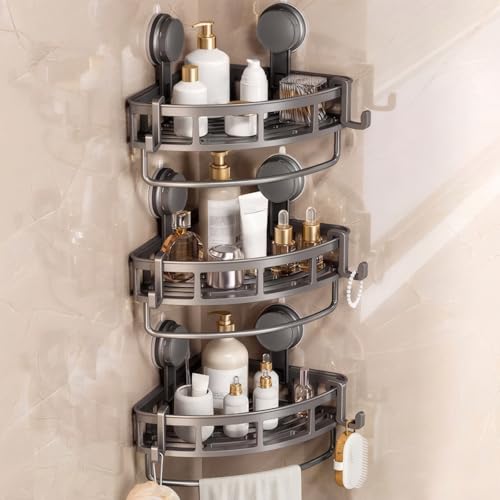 Reelyo バスルーム ラック 吸盤 浴室用ラック 浮かせる 収納 水切り 防水と防錆 コーナーラック フック/タオルバー付き キッチン/風呂場/洗面所 収納ラック (3段)