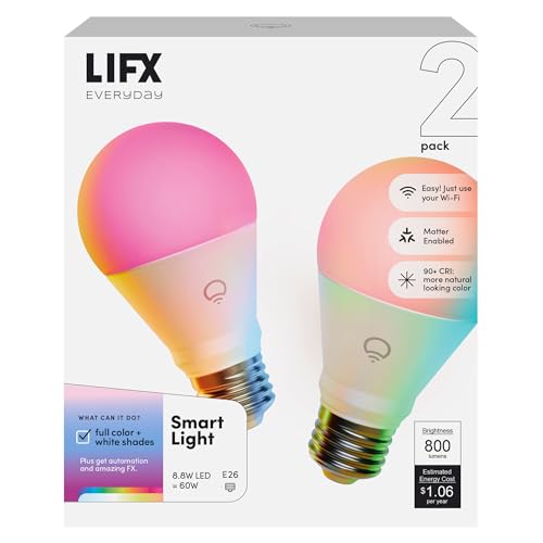 LIFX Smart Light Bulbs A19 2 Pack, Color Changing RGBW + Tunable White, 800 Lumens, Matter Compatible, Works with Apple HomeKit, Alexa & Google Home, Dimmable Wi-Fi LED Bulb, No Hub Required, E26