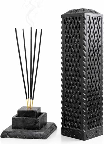 Image of Black Marble Agarbatti Stand for Pooja | Handcrafted Soapstone, Jaali Design Burner, Holds 5 Sticks, Ash Catcher, 3x3x11 Inches
