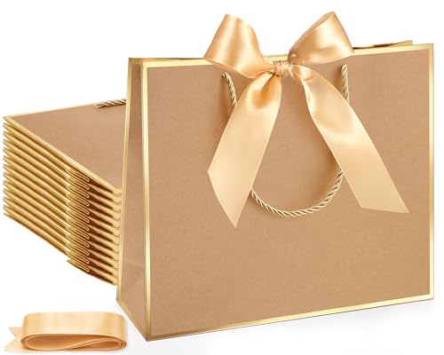 Silkfly 12 Pcs Gift Bags with Handles for Bridesmaid, 12x10x4'' Wedding Welcome Elegant Gift Bags with Bow Ribbon for Graduation Groomsmen Women Baby Shower Birthday Housewarming (Kraft,Gold)