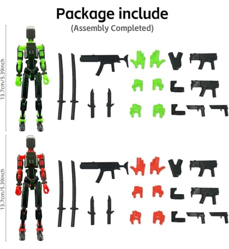 Image of ONNGEO 2 Pack Action Figures Titan 13, 3D Printed Multi-Joint Movable Robot with Weapons and Accessories, Desk Decoration (Black Green, Red)