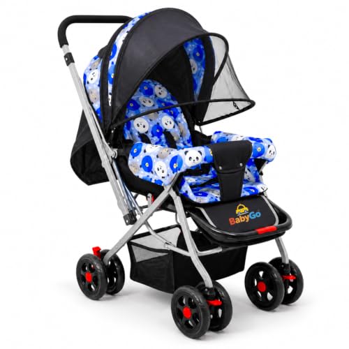 Image of BabyGo Foldable Baby Stroller for Newborn, Infant & Toddler 0-3 Years | Lightweight Travel Pushchair | Safety Harness | Adjustable Recline Backrest | 360 Swivel Wheels | Large Storage Basket | Blue