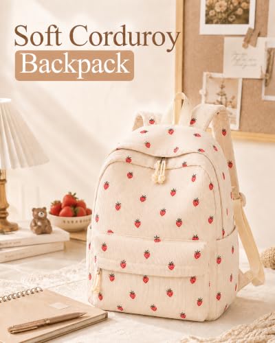 YUANCE Strawberry Corduroy School Backpack