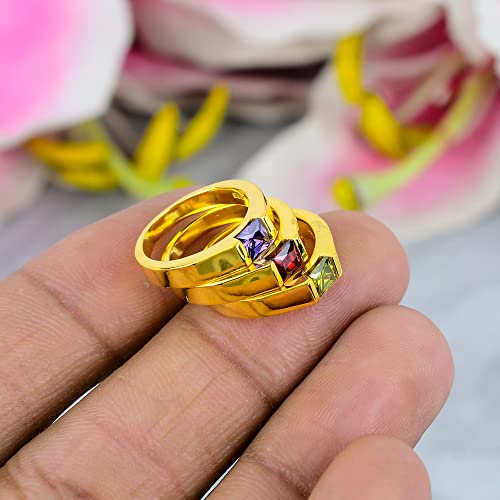 3 Piece Combo Statement Band For Girls/Amethyst Ring Garnet Ring Peridot Ring Solitaire Rings For Men & Woman / 925 Sterling Silver Baguette Ring/Romantic Jewelry / 4X4 Mm (Yellow Gold, 7.5) #TOP5