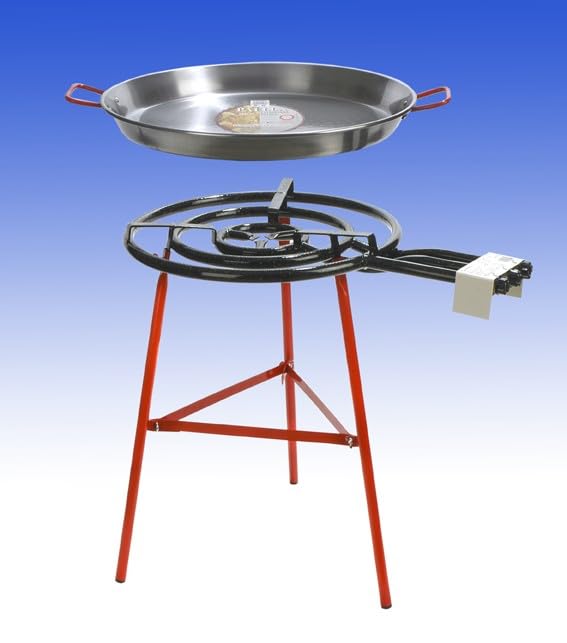 ZENDEU IBIZA SET - Paella Pan Set 25 Servings -3 Ring Propane Gas burner mod. 600 + Polished Paella Pan 28 Inch (70cm). + 3 Reinforced tripod legs