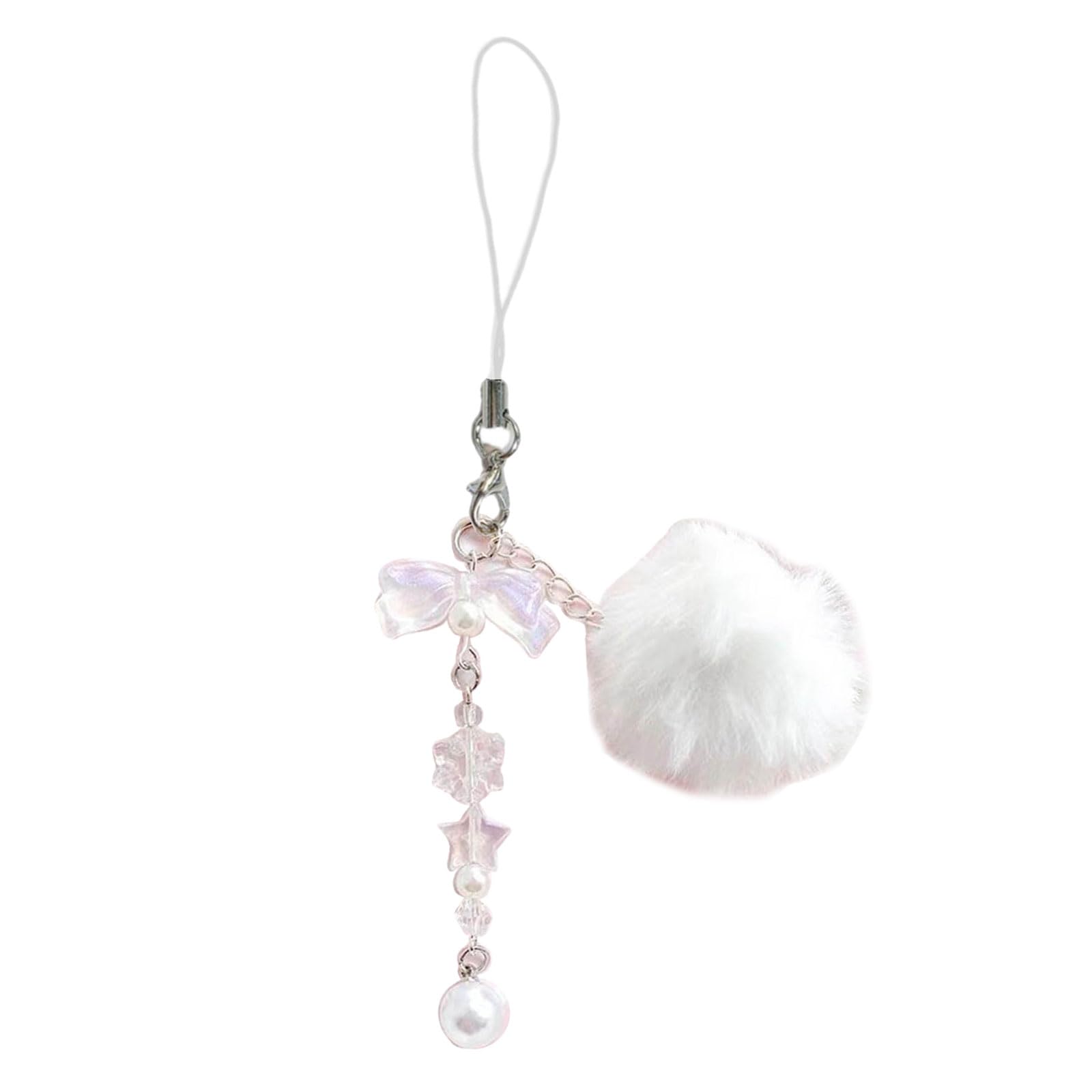 NEWFT White Cell Phone Charm Beaded Keychain Furry Ball Keyring Pendant Decor