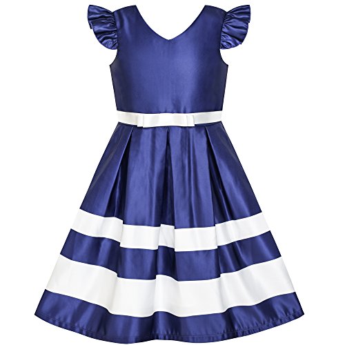 Sunny Fashion Girls Dress Navy Blue V-Neckline Ribbon Color Contrast Size 6-12