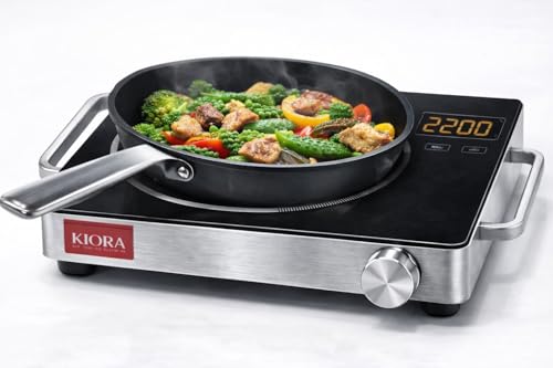 Image of KIORA Infrared Induction Cooktop, 2200 Watts, 8 Power Levels, Crystal Heating Plate, LED Display, Preset Functions, Stainless Steel Handles, Control Knob