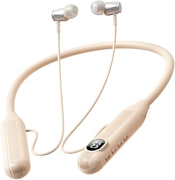 80Hrs Extra Long Playtime Neckband Wireless Earphones Headphones, V5.3 Bluetooth Headphones Stereo Bass in-Ear Headsets with Mic, Waterproof Neckband Earbuds for Sport, Support SD Card Beige
