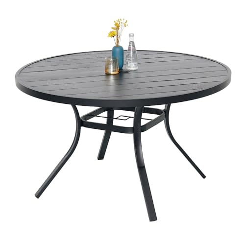 Virvla 48" Patio Outdoor Round Table for 6 Person, All Weather Metal Black Round Patio Dining Table with Adjustable Umbrella Hole