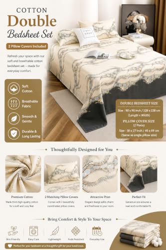 Image of IVAZA 240 TC Soft Ezyption Cotton Floral Print King Size Bedsheet - with 2 Pillow Covers, Hypoallergenic, Brethable, (Size- 90 x 90 Inch) Beige Black