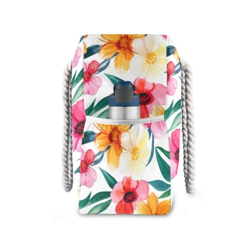 Watercolor Flowers Colorful Beach Tote Bag for Women Beach Bags Waterproof Swim Pool Bag Extra Large Travel Tote Bags with Zipper for Grocery Vacation Essentials Yoga Nurse Gym2