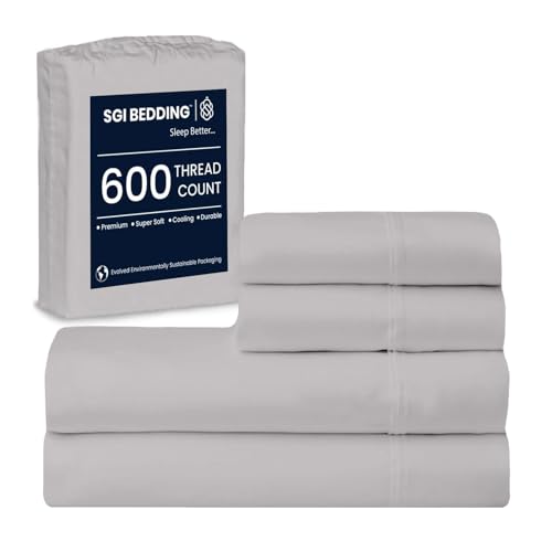 SGI bedding 100% Egyptian Cotton Sheets RV King Size 600 Thread Count Sheets Set, Soft, Cooling, 16" Deep Pocket, Luxury Hotel Bedding, Breathable, Durable - Silver