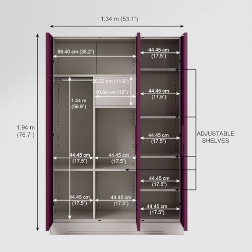 Image of Interio by Godrej Almirah Slimline 3-Door Steel Almirah, Cupboard for Clothes (Purple), 1-Year Warranty, 7 Shelves, 1 Locker, Curvilinear Mirror
