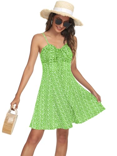 Image of Missufe Spaghetti Strap Floral Mini Dress Women's Casual Ruched Front Drawstring Swing Sundress