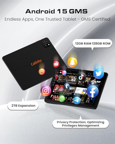 Image of Tablet: 10 Inch Tablet, Android 15 Tablets, 12GB RAM 128GB ROM, Octa-core Processor, IPS HD Display, Widevine L1, WiFi 6 & Bluetooth 5.4, Dual Cameras, Dual Speakers, 6000mAh Battery - Black