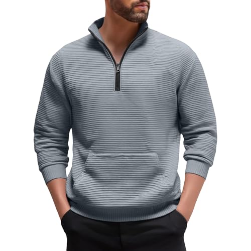 Image of Mens Quarter Zip Sweatshirt Green Ribbed Pullover With Front Pocket